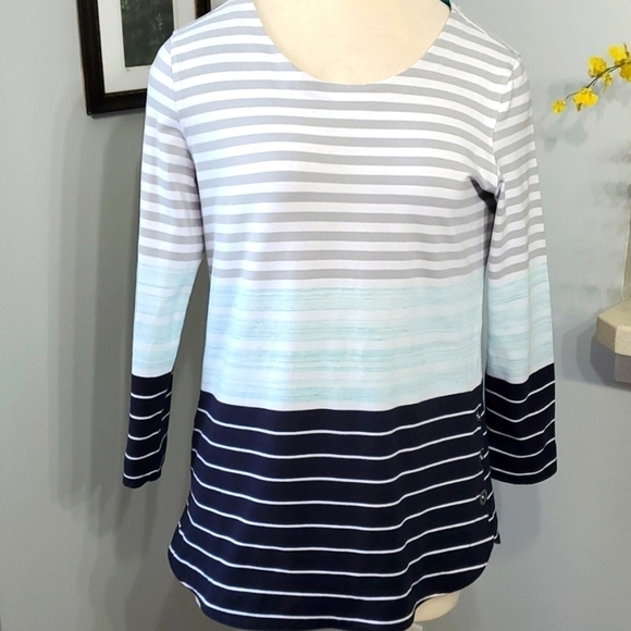 Multiples, mature women's top. Size small. Gray, blue & green striped. Excellent - Picture 1 of 11